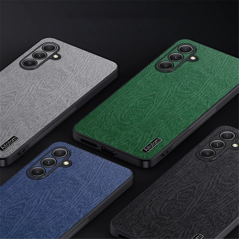For Samsung Galaxy A35 5G Case Scratch-proof Wood Grain PU+PC+TPU Phone Back Shell - Green