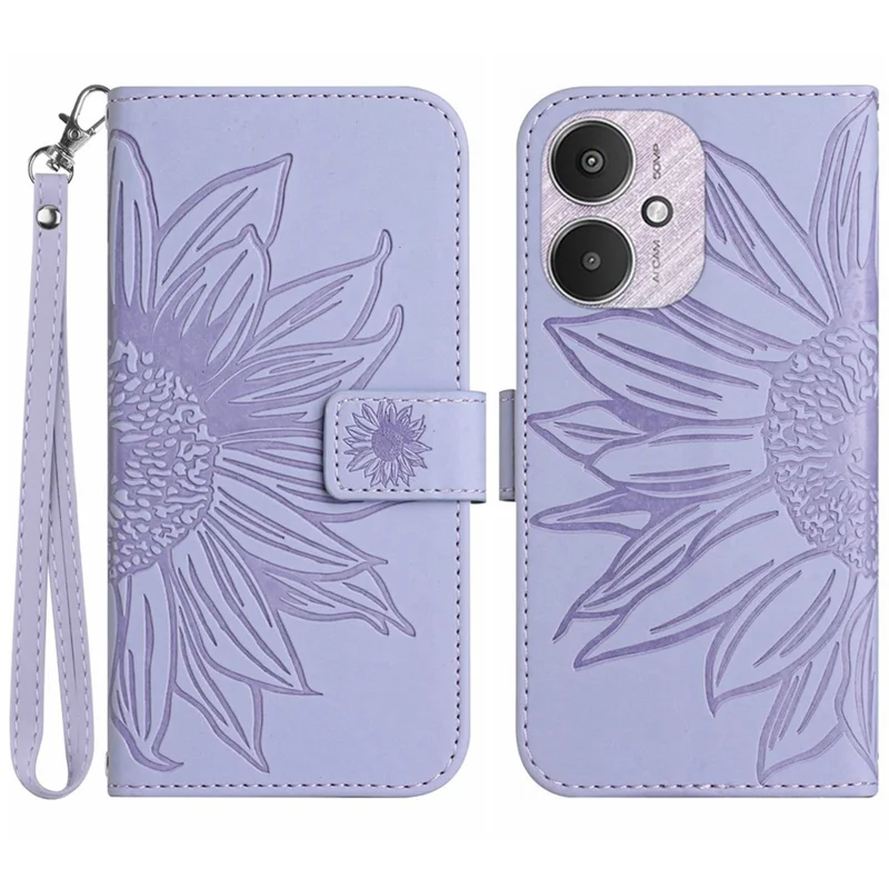 HT04 For Xiaomi Redmi 13C 4G / 5G / 13R 5G / Poco M6 5G / Poco C65 4G Case with Wrist Strap Sunflower Phone Wallet Cover - Light Purple