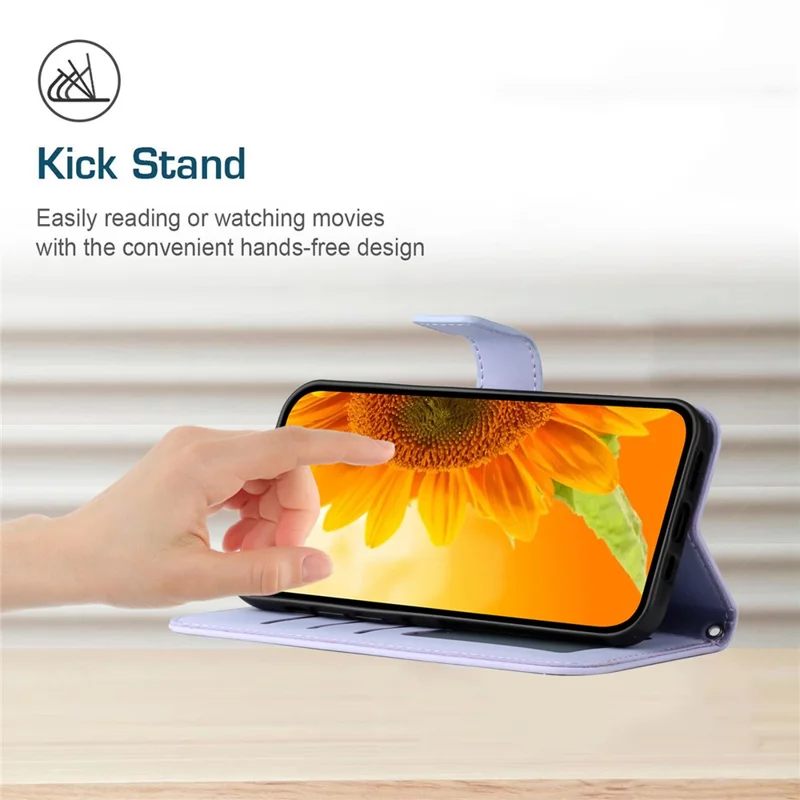 HT04 For Xiaomi Redmi 13C 4G / 5G / 13R 5G / Poco M6 5G / Poco C65 4G Case with Wrist Strap Sunflower Phone Wallet Cover - Light Purple