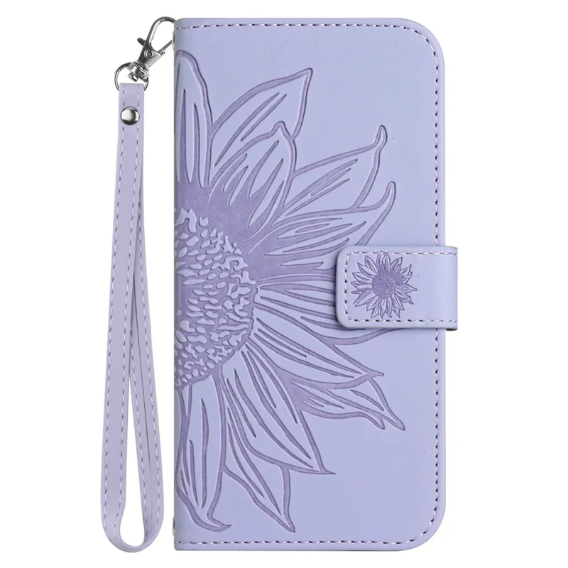 HT04 For Xiaomi Redmi 13C 4G / 5G / 13R 5G / Poco M6 5G / Poco C65 4G Case with Wrist Strap Sunflower Phone Wallet Cover - Light Purple