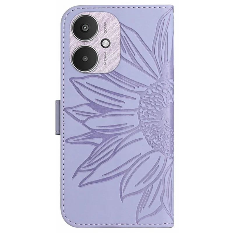 HT04 For Xiaomi Redmi 13C 4G / 5G / 13R 5G / Poco M6 5G / Poco C65 4G Case with Wrist Strap Sunflower Phone Wallet Cover - Light Purple