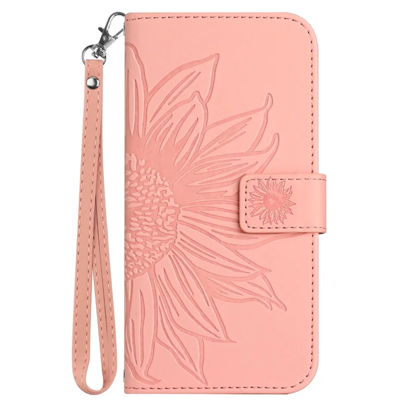 HT04 For Xiaomi Redmi 13C 4G / 5G / 13R 5G / Poco M6 5G / Poco C65 4G Case with Wrist Strap Sunflower Phone Wallet Cover - Light Pink