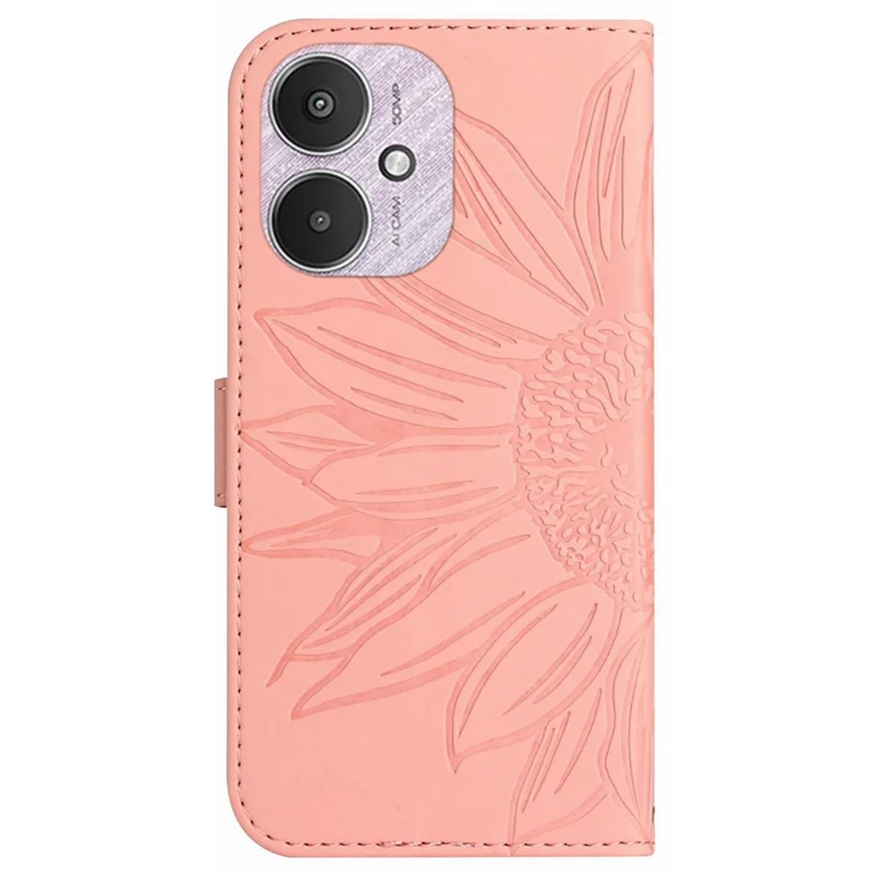HT04 For Xiaomi Redmi 13C 4G / 5G / 13R 5G / Poco M6 5G / Poco C65 4G Case with Wrist Strap Sunflower Phone Wallet Cover - Light Pink