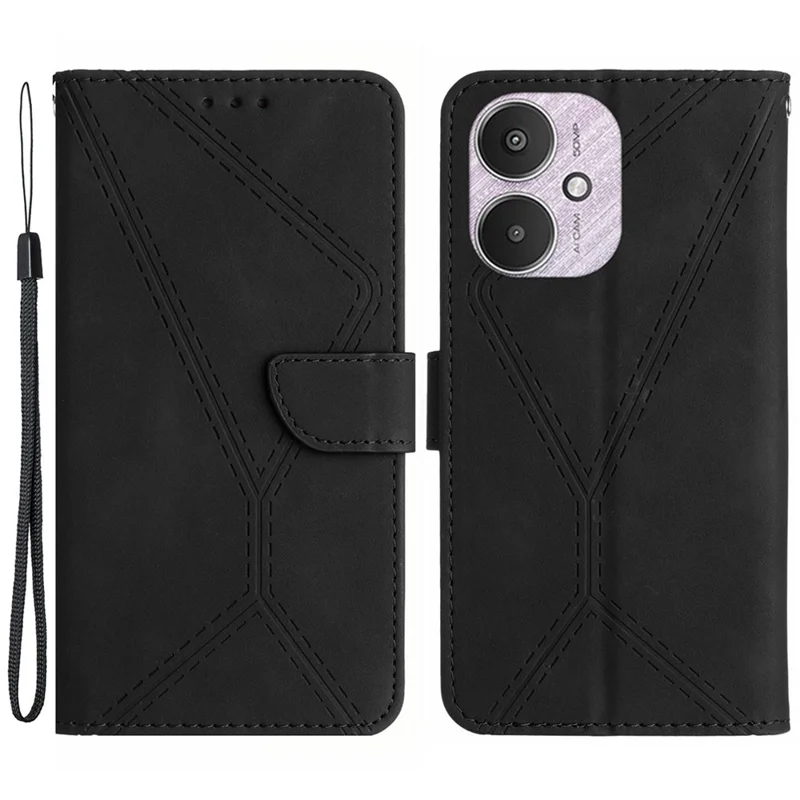 HT05 For Xiaomi Redmi 13C 4G / 5G / 13R 5G / Poco M6 5G / Poco C65 4G Leather Case Wallet Cover Imprinted Line - Black