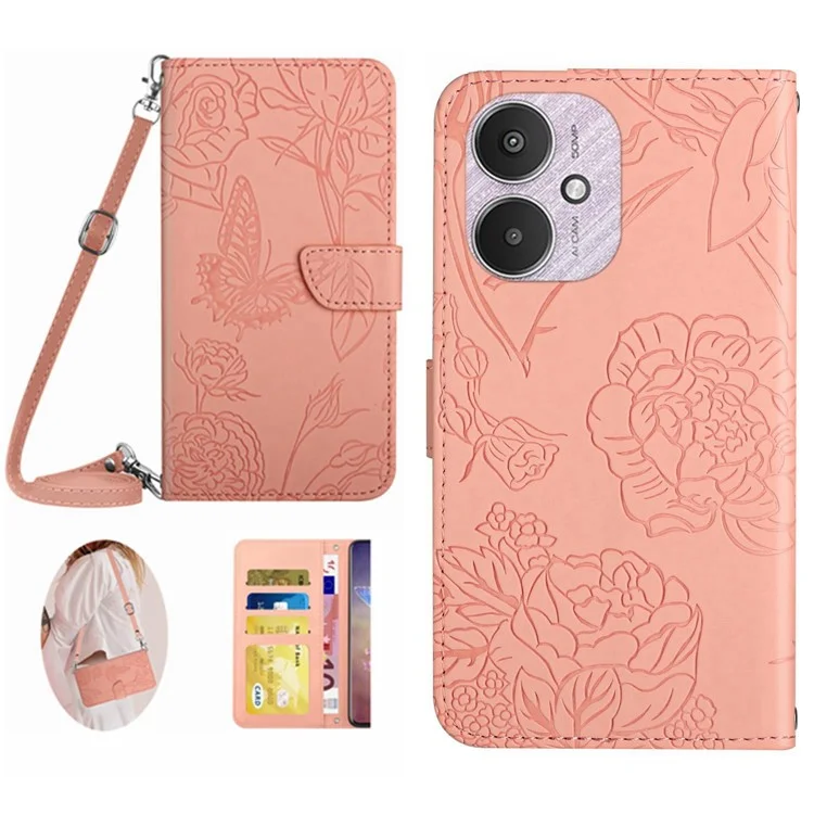 HT03 For Xiaomi Redmi 13C 4G / 5G / 13R 5G / Poco M6 5G / Poco C65 4G Crossbody Leather Case Phone Wallet Stand - Pink