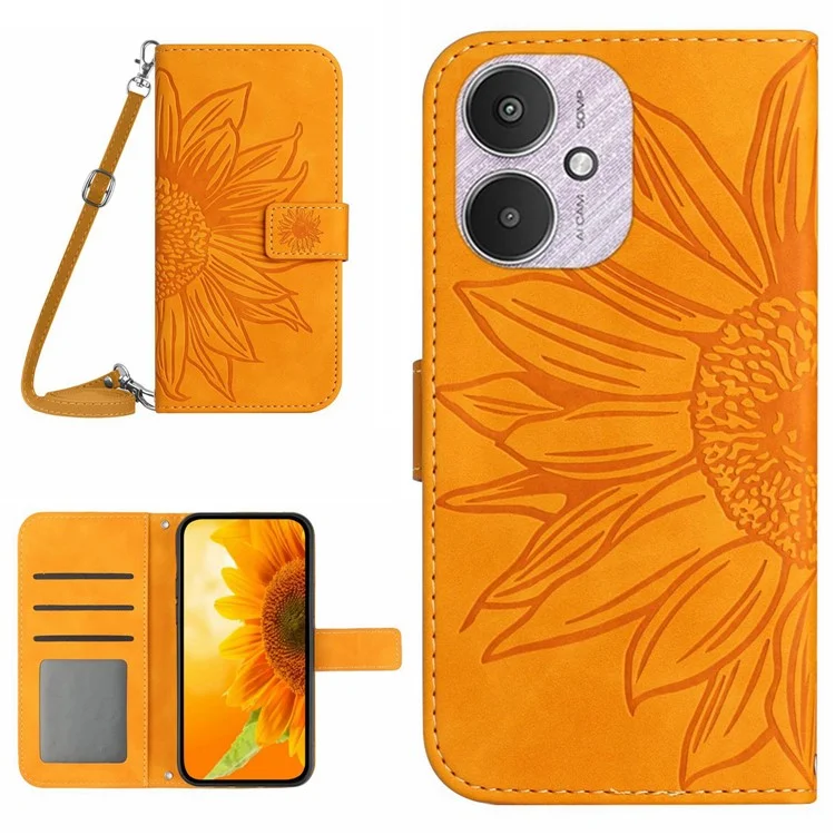 HT04 Per Xiaomi Redmi 13C 4G / 5G / 13R 5G / Poco M6 5G / Poco C65 4G Custodia in pelle da passaporto con motivo a girasole - Giallo