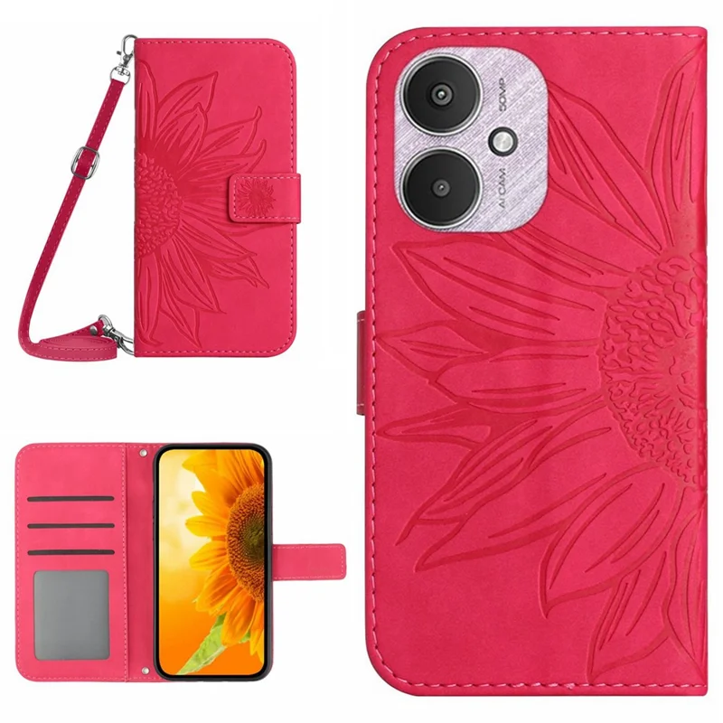 HT04 For Xiaomi Redmi 13C 4G / 5G / 13R 5G / Poco M6 5G / Poco C65 4G Crossbody Phone Leather Case Sunflower Pattern - Rose