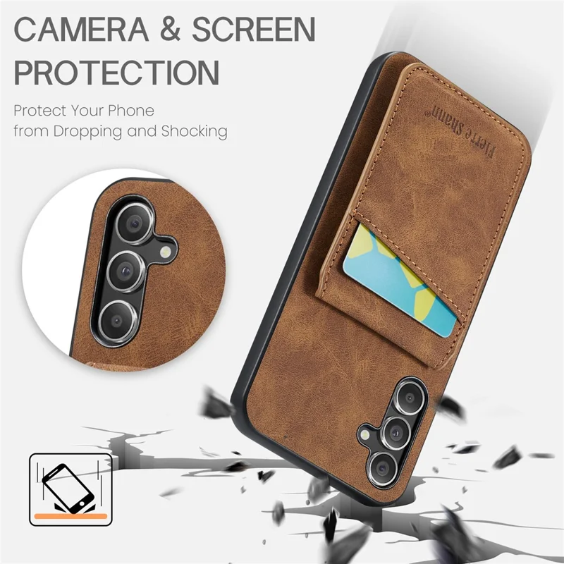 FIERRE SHANN For Samsung Galaxy A15 4G / 5G Cell Phone Case PU+TPU Crazy Horse Texture Cover - Brown
