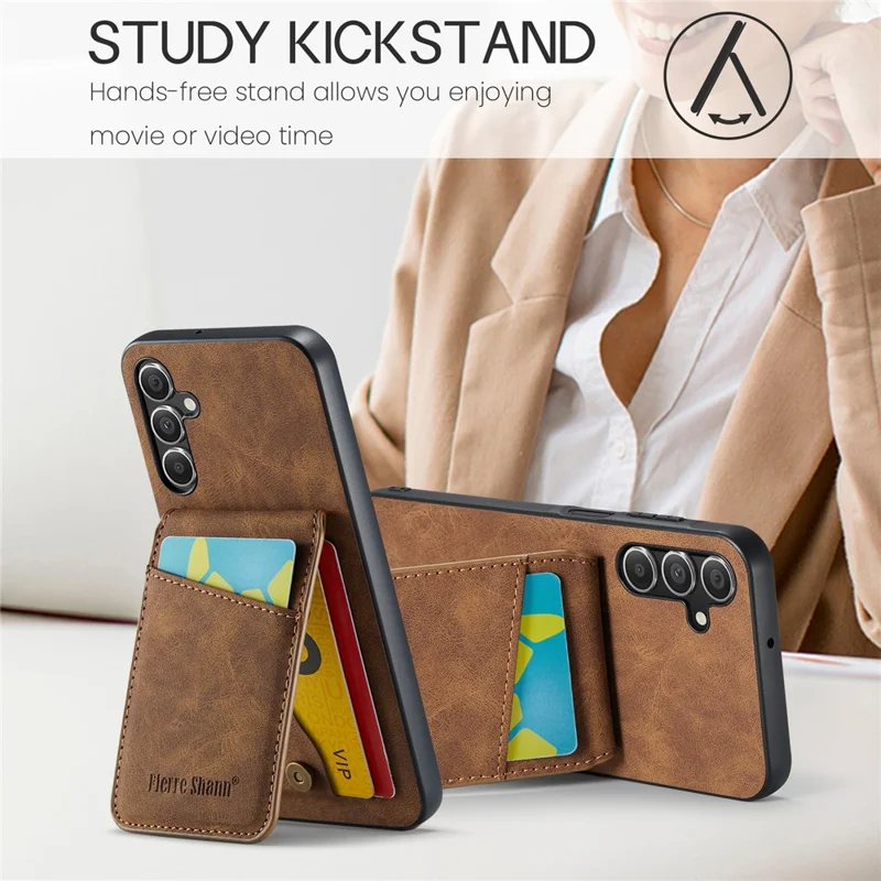 FIERRE SHANN For Samsung Galaxy A15 4G / 5G Cell Phone Case PU+TPU Crazy Horse Texture Cover - Brown