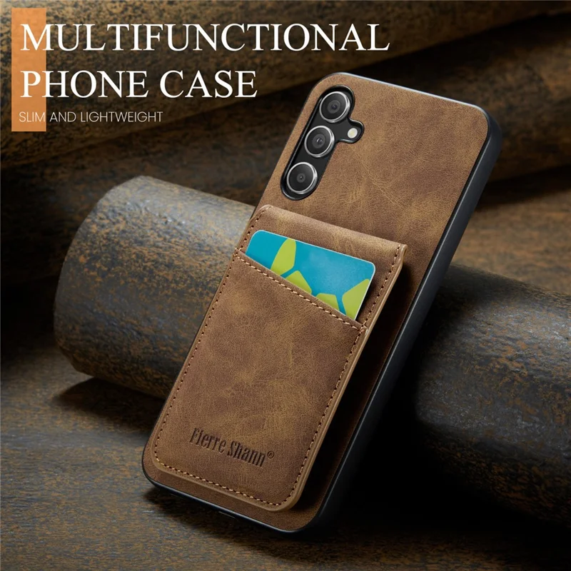 FIERRE SHANN For Samsung Galaxy A15 4G / 5G Cell Phone Case PU+TPU Crazy Horse Texture Cover - Brown