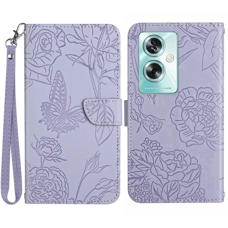HT03 For Oppo A59 5G Wallet Leather Case Butterfly Flower with Hand Strap - Purple