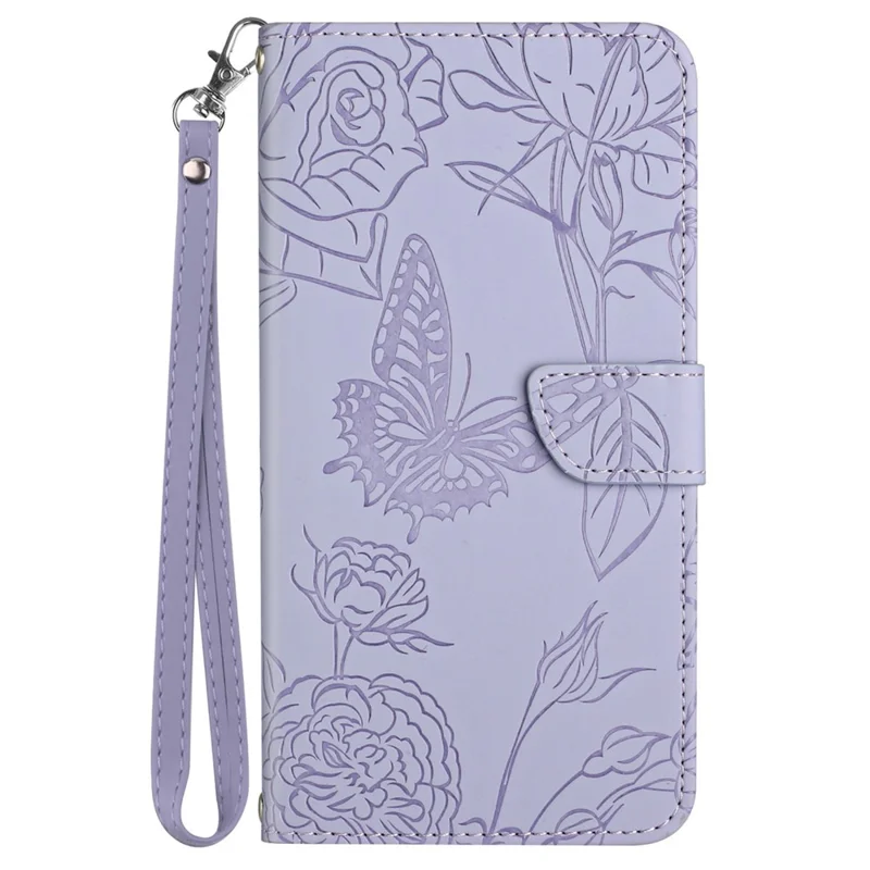 HT03 For Oppo A59 5G Wallet Leather Case Butterfly Flower with Hand Strap - Purple
