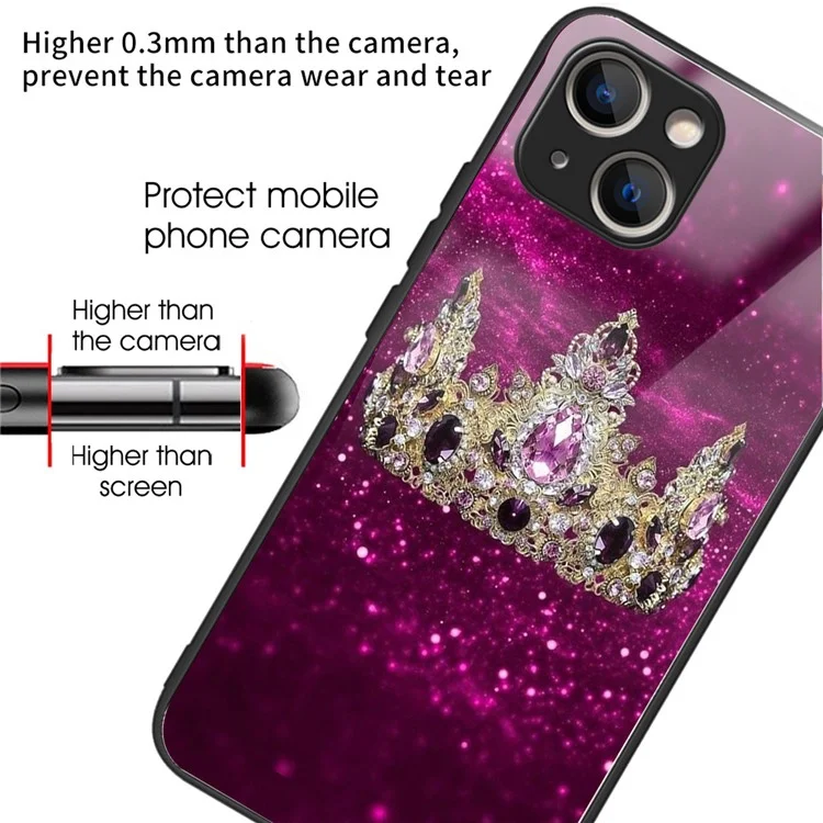 Per iPhone 15 Pattern Phone Case Tempered Glass Back TPU Frame Phone Shell - Columns Crown