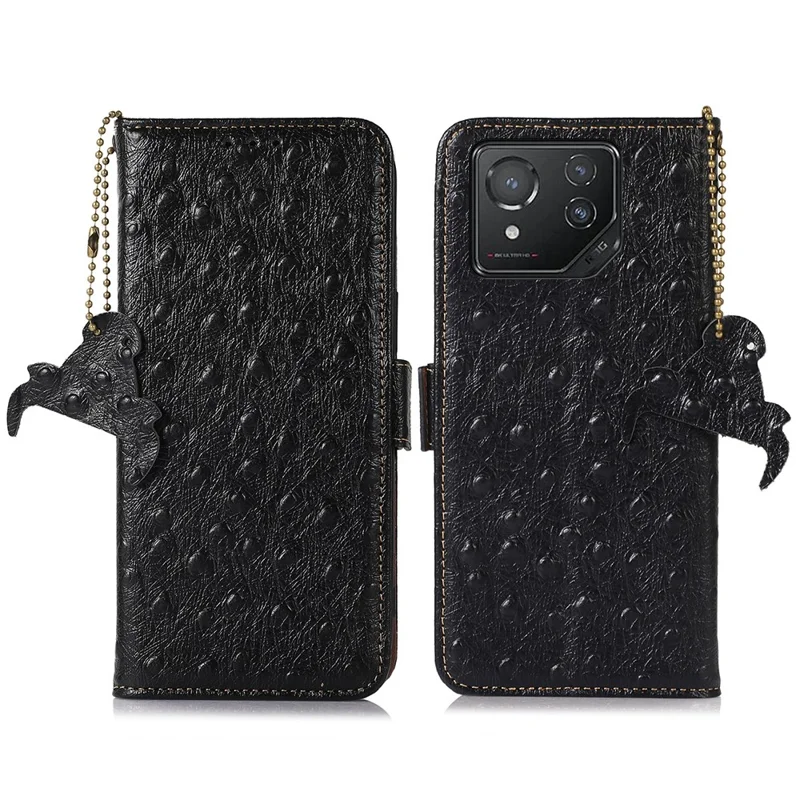 Pour Asus ROG Phone 8 5G / Phone 8 Pro 5G Ostrich Texture Wallet Case Genuine Cow Leather Phone Cover - Black