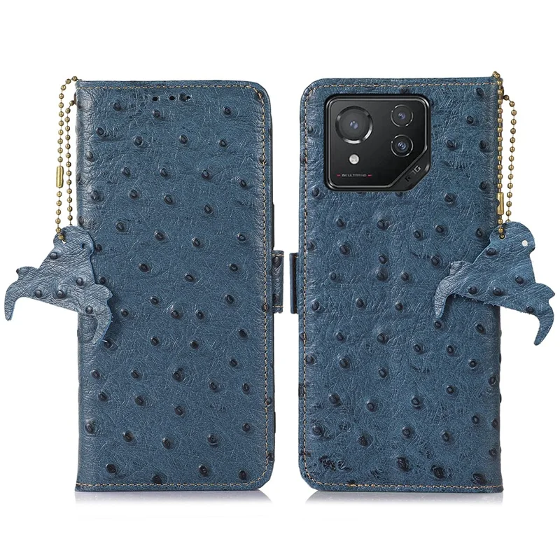 Per Asus ROG Phone 8 5G / Phone 8 Pro 5G Custodia portafoglio in pelle di struzzo genuina, cover per telefono in pelle di mucca - Blu