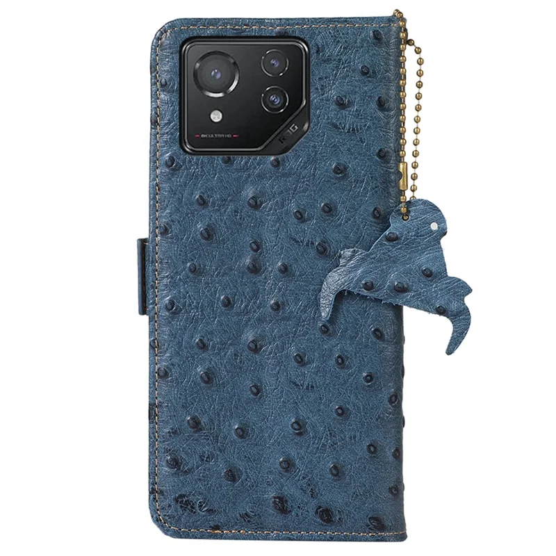Per Asus ROG Phone 8 5G / Phone 8 Pro 5G Custodia portafoglio in pelle di struzzo genuina, cover per telefono in pelle di mucca - Blu