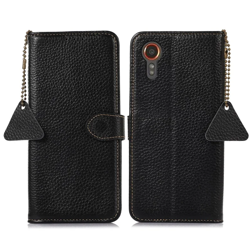 For Samsung Galaxy Xcover7 RFID Blocking Phone Case Genuine Cow Leather Cover - Black