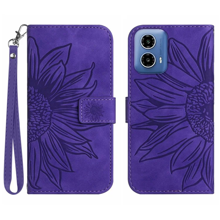 HT04 для Motorola Moto G45 5G / G34 5G Бумажник Телефон Folio Case Подсолнух Шаблон Импринтинг - Темно-фиолетовый