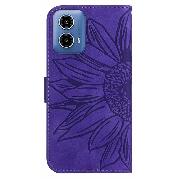 HT04 для Motorola Moto G45 5G / G34 5G Бумажник Телефон Folio Case Подсолнух Шаблон Импринтинг - Темно-фиолетовый
