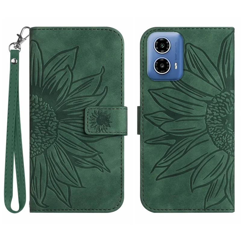 HT04 For Motorola Moto G45 5G / G34 5G Wallet Phone Folio Case Sunflower Pattern Imprinted - Dark Green