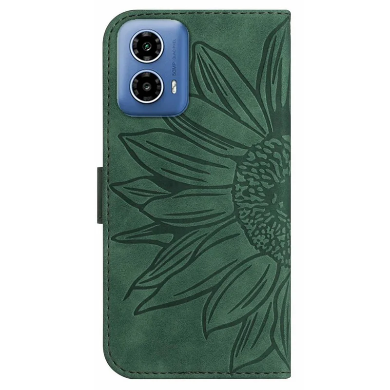 HT04 For Motorola Moto G45 5G / G34 5G Wallet Phone Folio Case Sunflower Pattern Imprinted - Dark Green