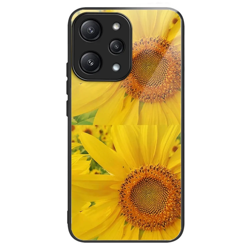 For Xiaomi Redmi 12 5G (Global) / Poco M6 Pro 5G Phone Case TPU Frame Tempered Glass Back Cover - Sunflower