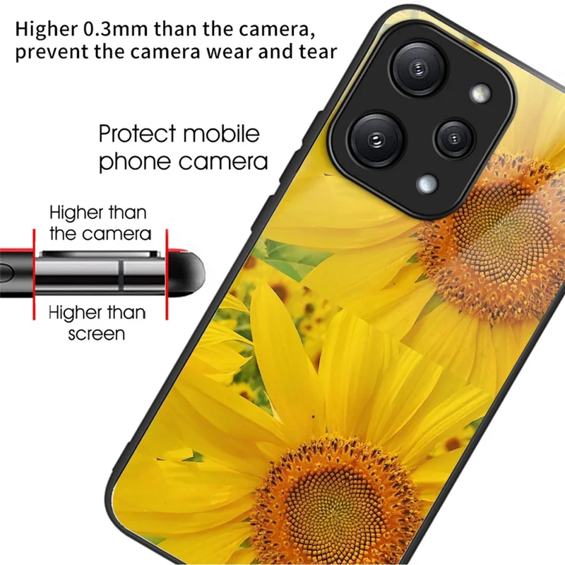 For Xiaomi Redmi 12 5G (Global) / Poco M6 Pro 5G Phone Case TPU Frame Tempered Glass Back Cover - Sunflower
