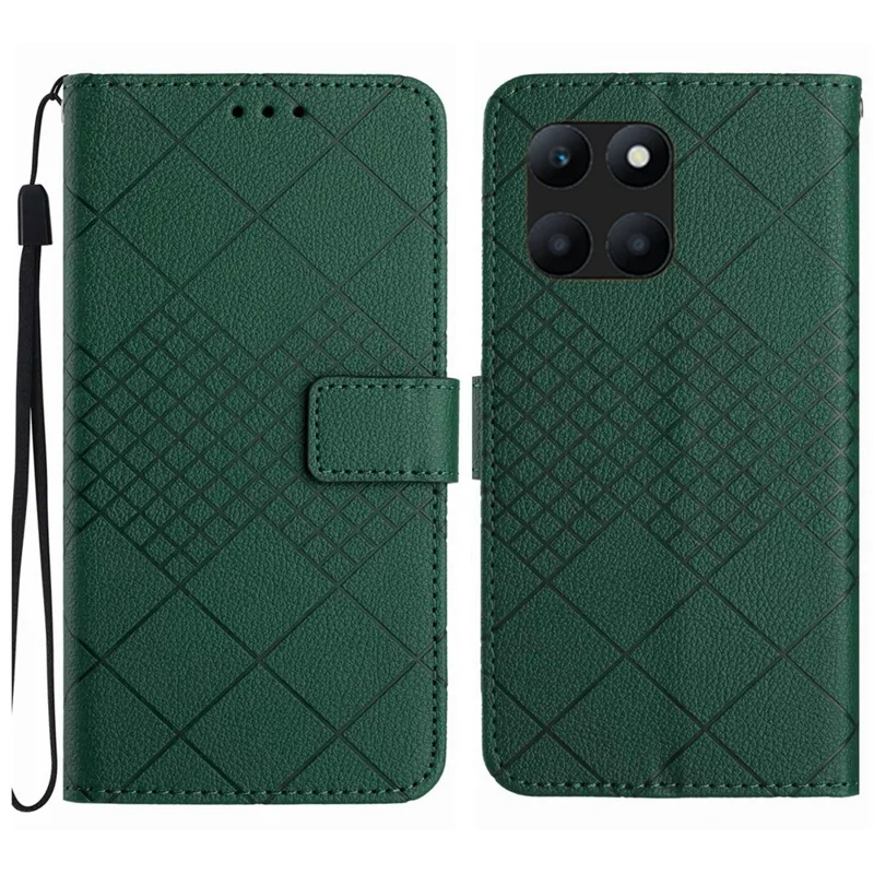 HT06 For Honor X8b 4G Case Leather Imprinted Rhombus Card Slots Phone Cover - Green