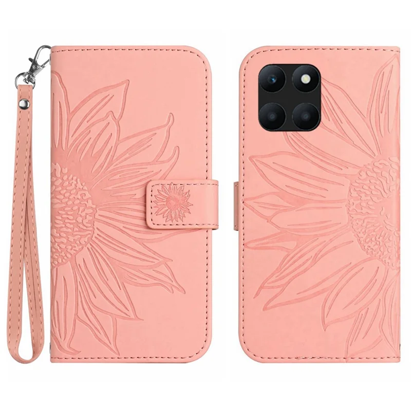 HT04 For Honor X8b 4G PU Leather Phone Case Wrist Strap Sunflower Pattern Cover - Light Pink