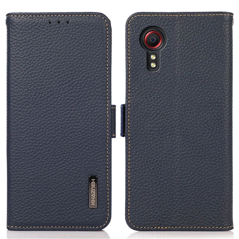KHAZNEH For Samsung Galaxy Xcover7 Wallet Case Genuine Cow Leather Phone Cover with RFID Blocking - Blue