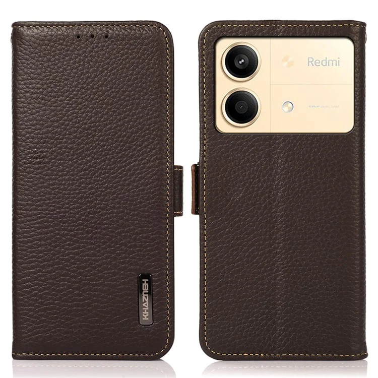 KHAZNEH Para Xiaomi Redmi Note 13R Pro 5G Funda de Cuero Vacuno Genuino RFID Blocking Protection Phone Cover - Marrón