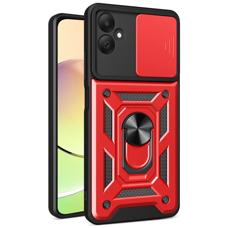For Samsung Galaxy A05 4G Cell Phone Case Kickstand Cover with Slide Lens Window - Red