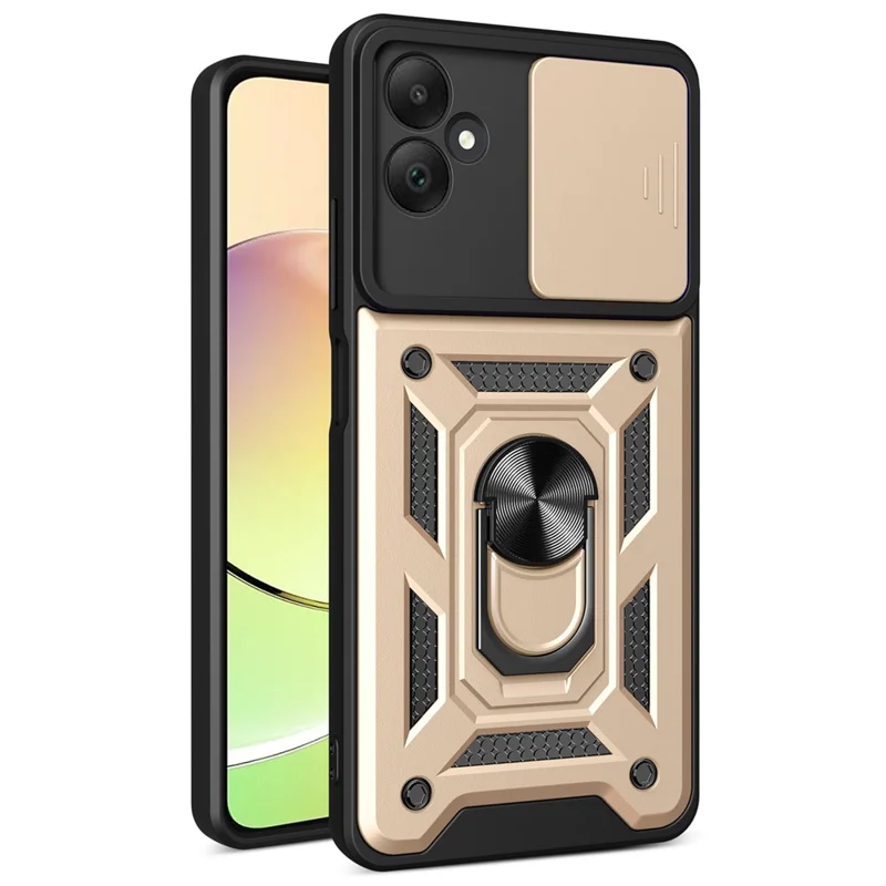 For Samsung Galaxy A05 4G Cell Phone Case Kickstand Cover with Slide Lens Window - Gold