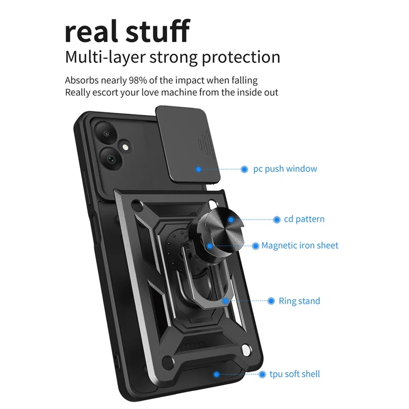 For Samsung Galaxy A05 4G Cell Phone Case Kickstand Cover with Slide Lens Window - Gold