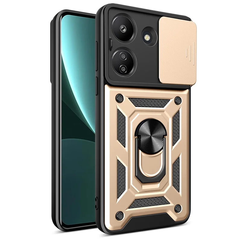 Para Xiaomi Redmi 13C 4G / Poco C65 4G Capa Anti-Arranhões TPU+PC com Suporte - Dourado