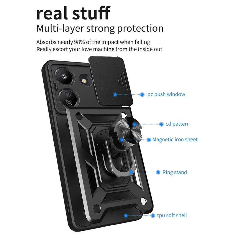 For Xiaomi Redmi 13C 4G / Poco C65 4G Case Anti-scratch TPU+PC Kickstand Phone Cover - Black