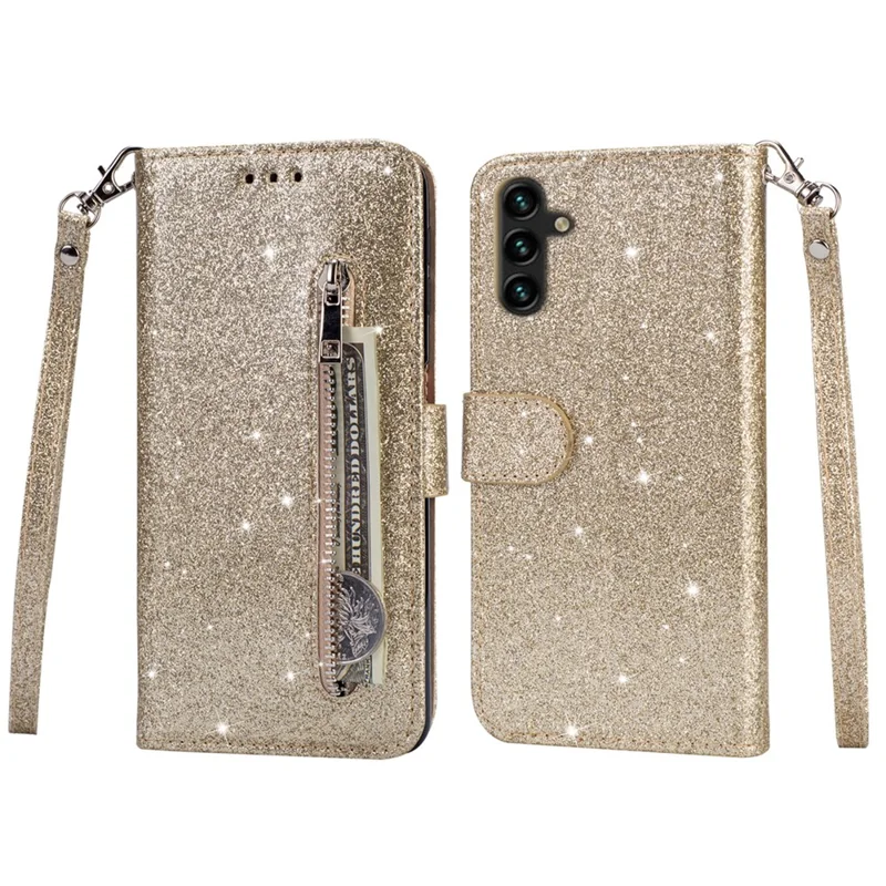 For Samsung Galaxy A55 5G Cell Phone Case Zipper Pocket Wallet Glitter Leather Drop-proof Cover - Gold