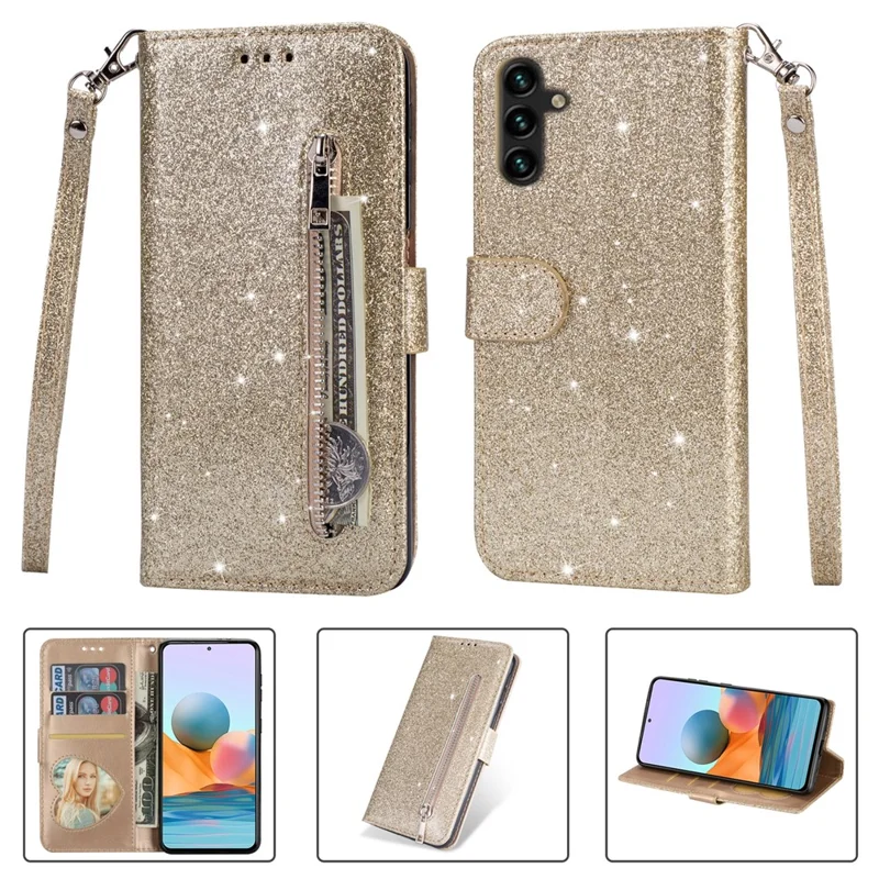 For Samsung Galaxy A55 5G Cell Phone Case Zipper Pocket Wallet Glitter Leather Drop-proof Cover - Gold