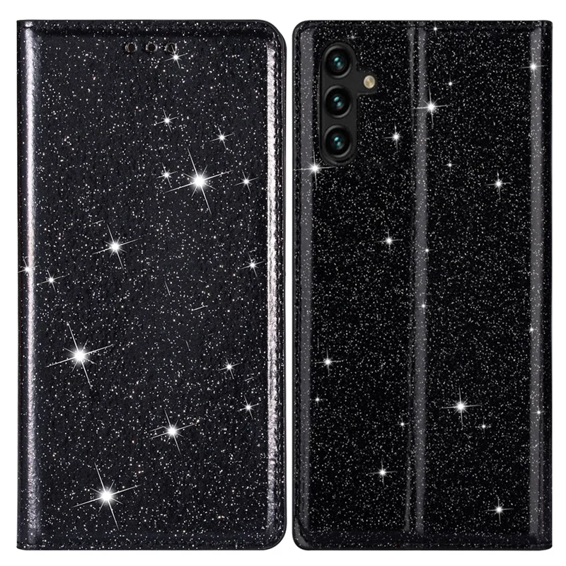Voor Samsung Galaxy A55 5G Telefoonhoes Glitter PU Leer Standaard met Kaartslots Cover - Zwart