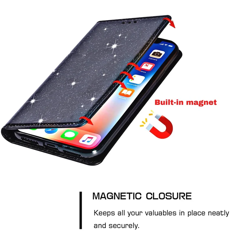 Voor Samsung Galaxy A55 5G Telefoonhoes Glitter PU Leer Standaard met Kaartslots Cover - Zwart