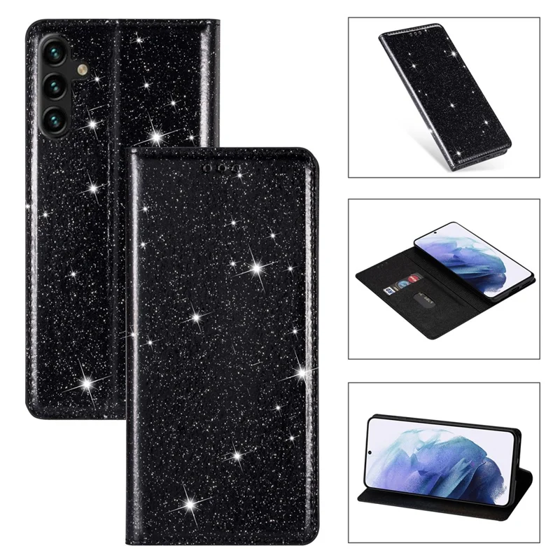 Voor Samsung Galaxy A55 5G Telefoonhoes Glitter PU Leer Standaard met Kaartslots Cover - Zwart