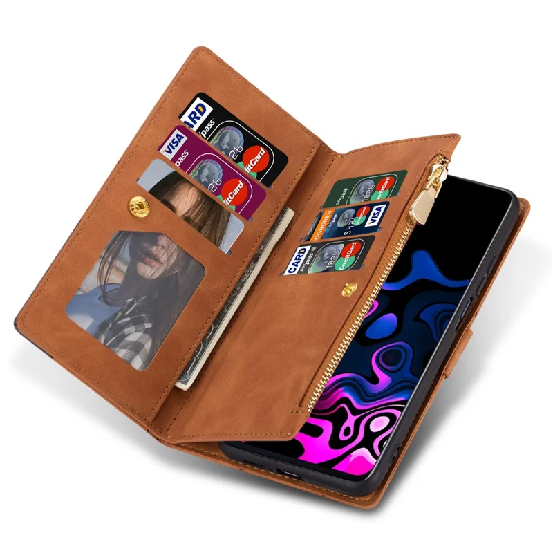 For Samsung Galaxy A55 5G Cell Phone Case Zipper Pocket Color Splicing Leather Wallet Cover - Brown