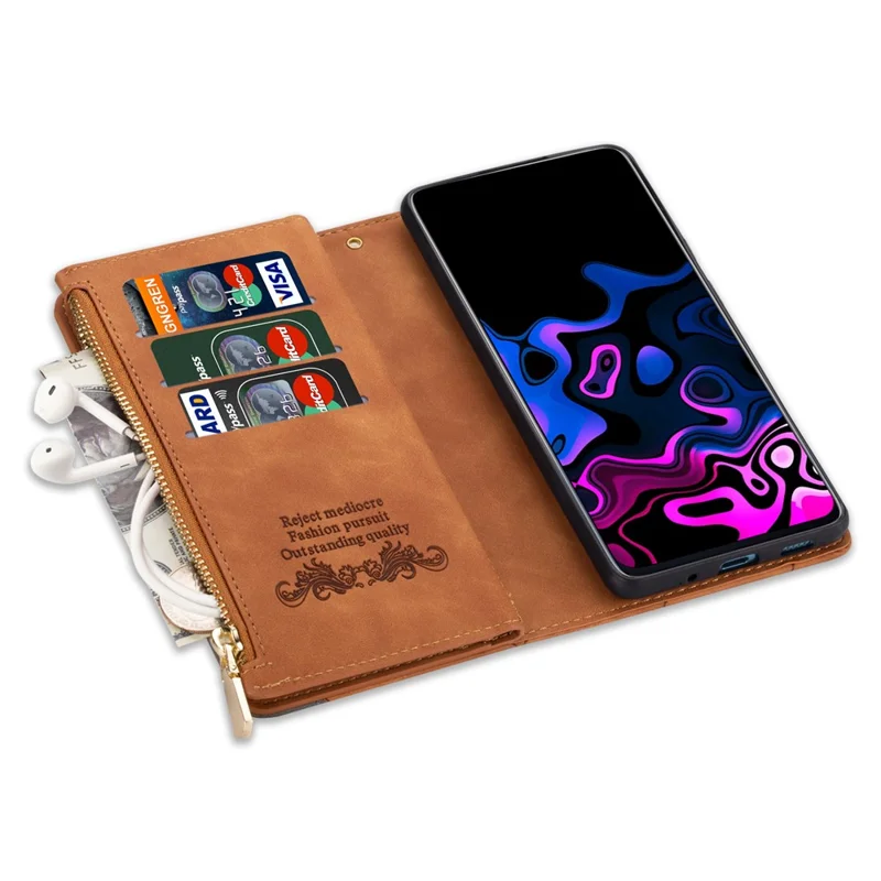 For Samsung Galaxy A55 5G Cell Phone Case Zipper Pocket Color Splicing Leather Wallet Cover - Brown