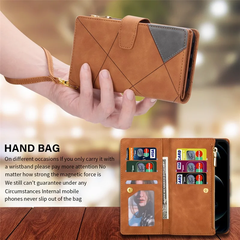 For Samsung Galaxy A55 5G Cell Phone Case Zipper Pocket Color Splicing Leather Wallet Cover - Brown