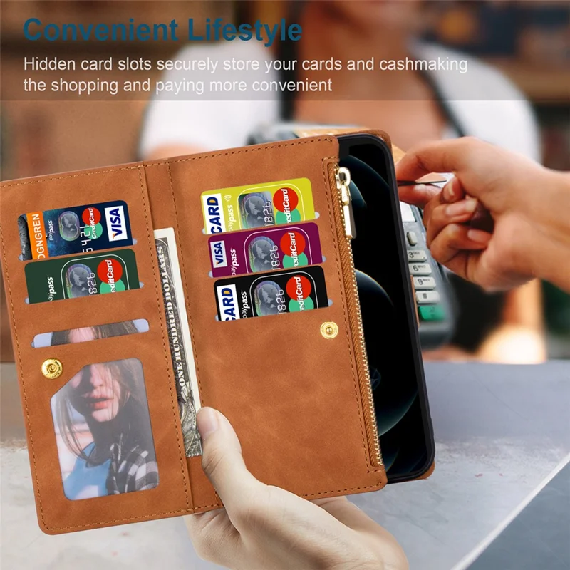 For Samsung Galaxy A55 5G Cell Phone Case Zipper Pocket Color Splicing Leather Wallet Cover - Brown