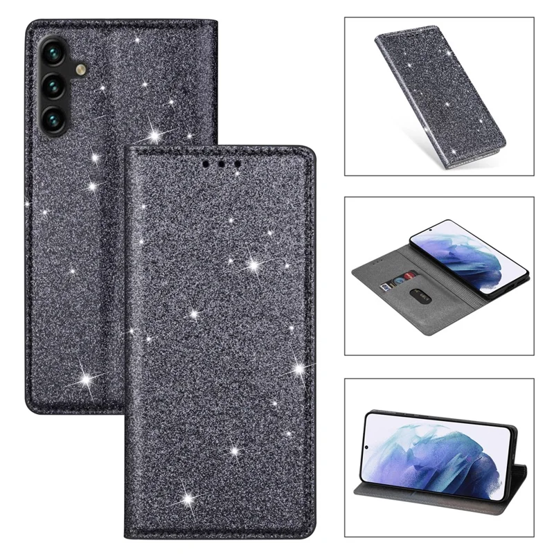 Для Samsung Galaxy A35 5G Магнитный чехол для телефона Glittery PU Leather+TPU Card Holder Cover - Grey