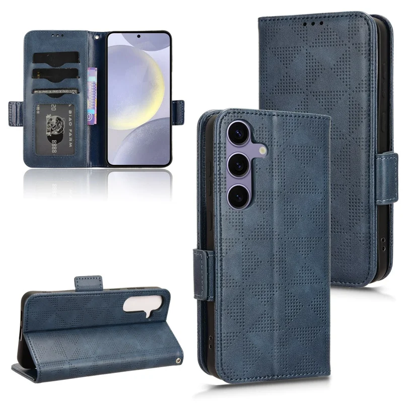 For Samsung Galaxy S24 Cell Phone Case Imprinted Triangle Flip Stand Wallet Leather Cover - Blue