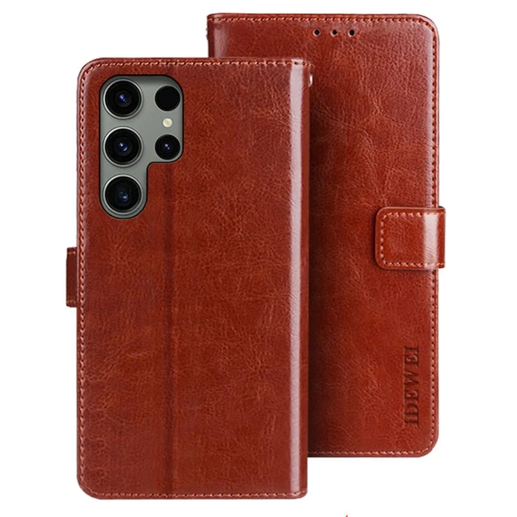 IDEWEI For Samsung Galaxy S24 Ultra Leather Case Crazy Horse Leather Folio Flip Phone Wallet - Brown