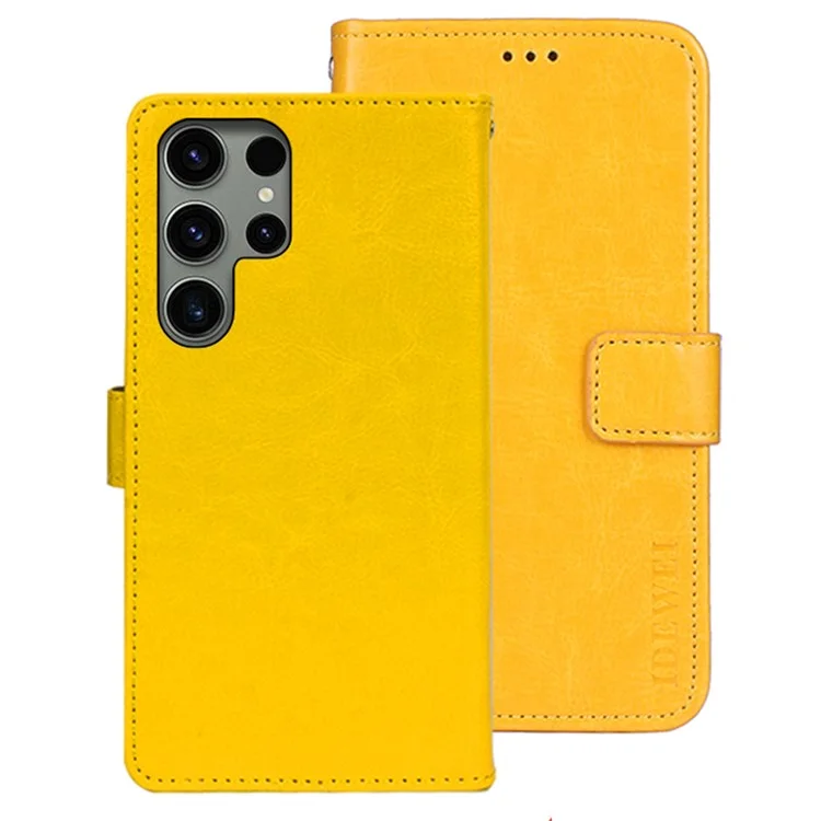 IDEWEI For Samsung Galaxy S24 Ultra Leather Case Crazy Horse Leather Folio Flip Phone Wallet - Yellow