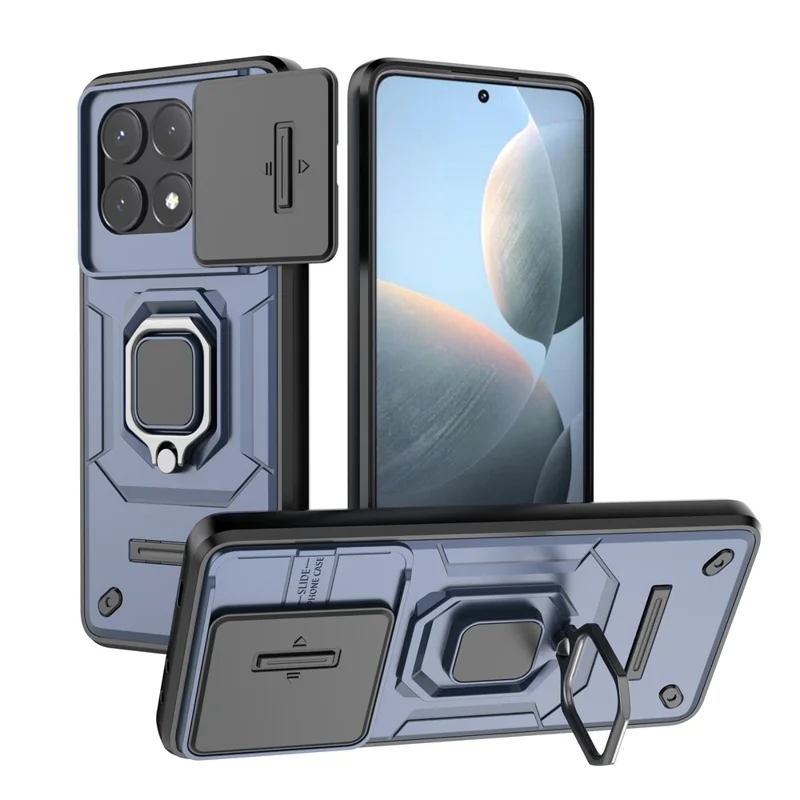 For Xiaomi Redmi K70E 5G / Poco X6 Pro 5G Cover Slide Lens Lid PC+TPU Shockproof Cell Phone Case with Kickstand - Blue